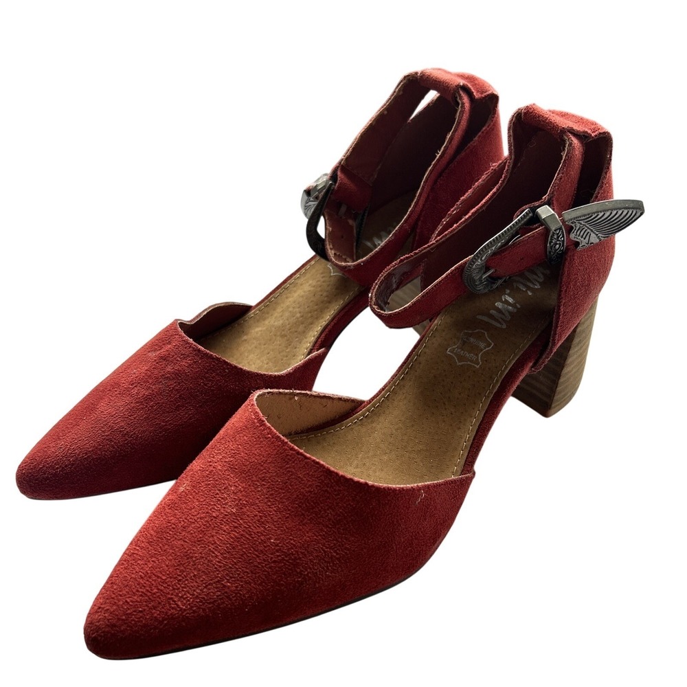 Buckle Mi.iM Chunky Block Heel Pumps Ankle Strap Pointed Toe Burgundy‎ Red 7.5